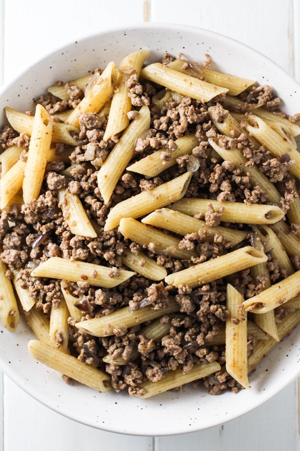 Russian Navy Style Pasta in a serving bowl