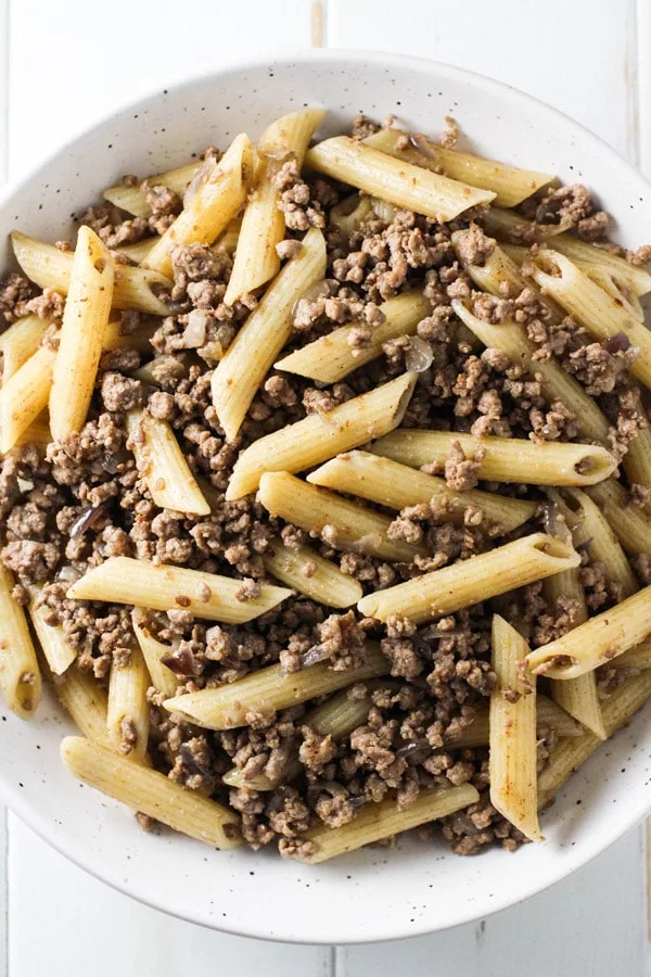 Russian Navy Style Pasta in a serving bowl