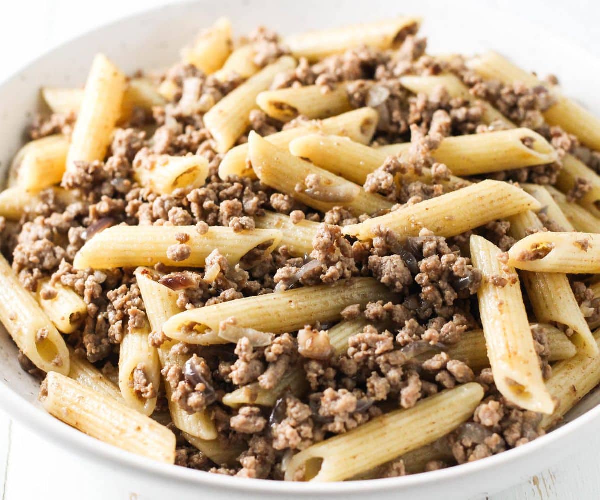 Russian Navy Style Pasta in a white bowl