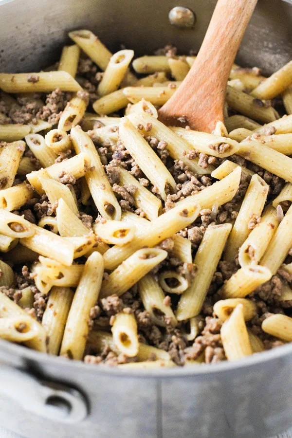 Russian Navy Style Pasta with wooden spoon
