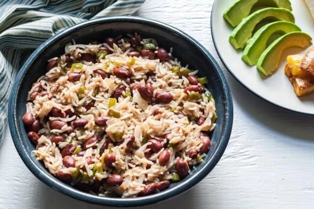 Casamiento Salvadoreno (Salvadoran Beans and Rice) with a side of avocado