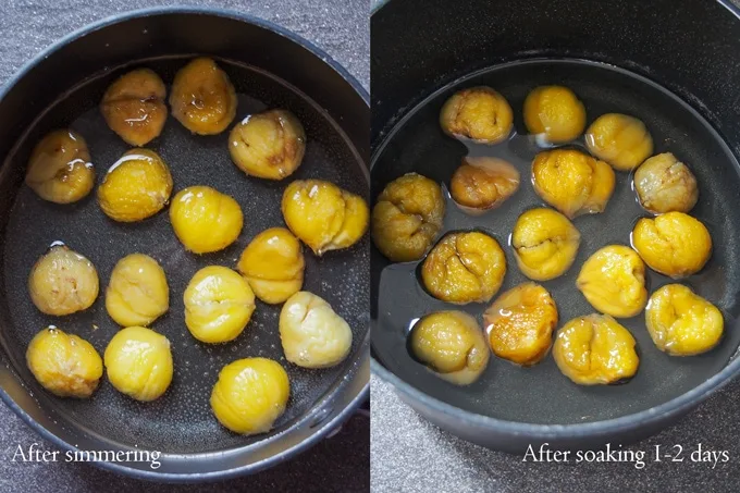 Soaking progression of chestnuts for Marron Glace (French Candied Chestnuts)