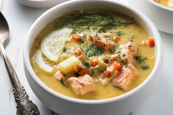Finnish Salmon Soup - Lohikeitto - with chunks of salmon