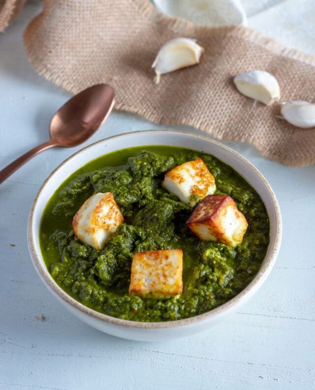 Saag Paneer topped with fried Indian cheese