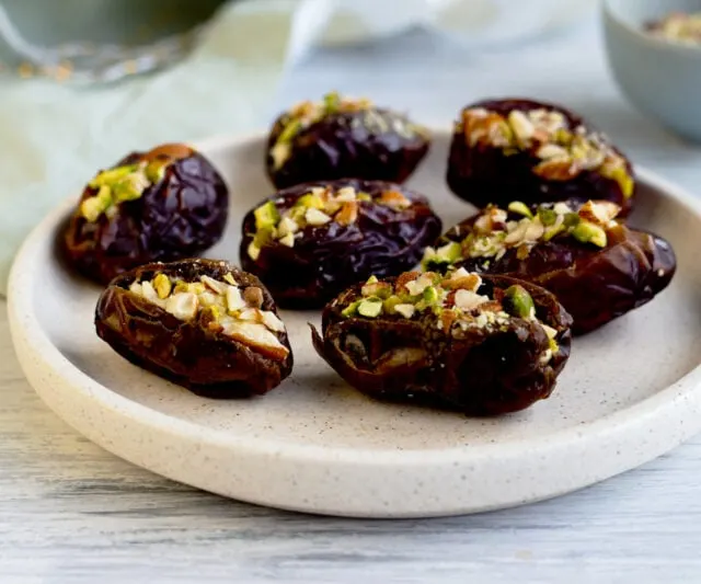 Stuffed Dates with cream cheese on a platter
