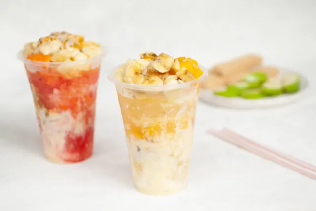 Cholados (Colombian shaved ice with fruit and condensed milk) ready to eat