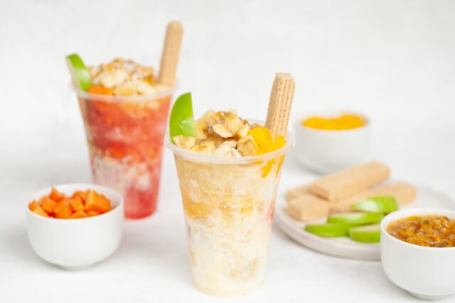 Cholados - Colombian shaved ice with fruit and condensed milk - with fruit toppings