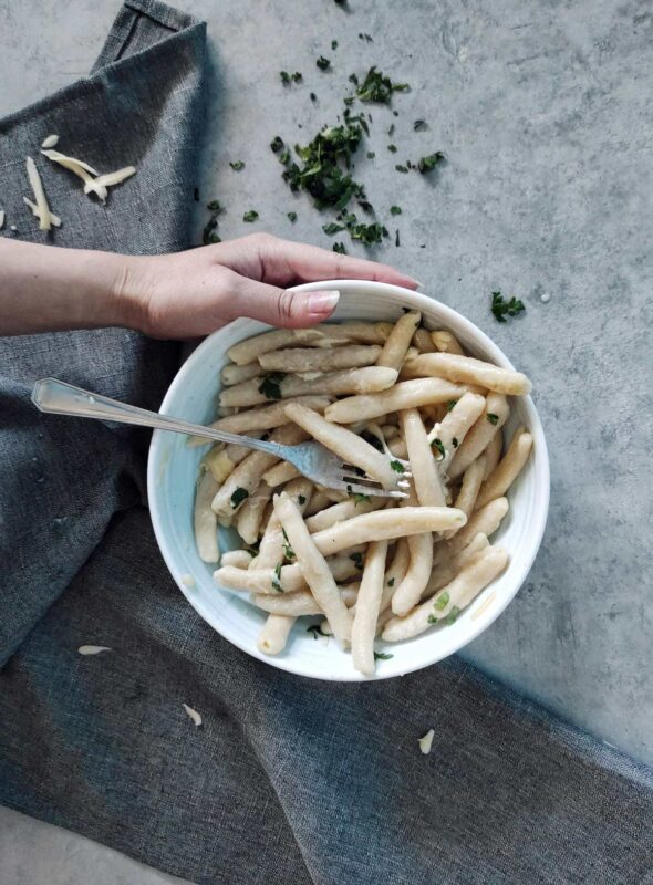 Homemade tube pasta from Korčula Croatia with cheese and parsley