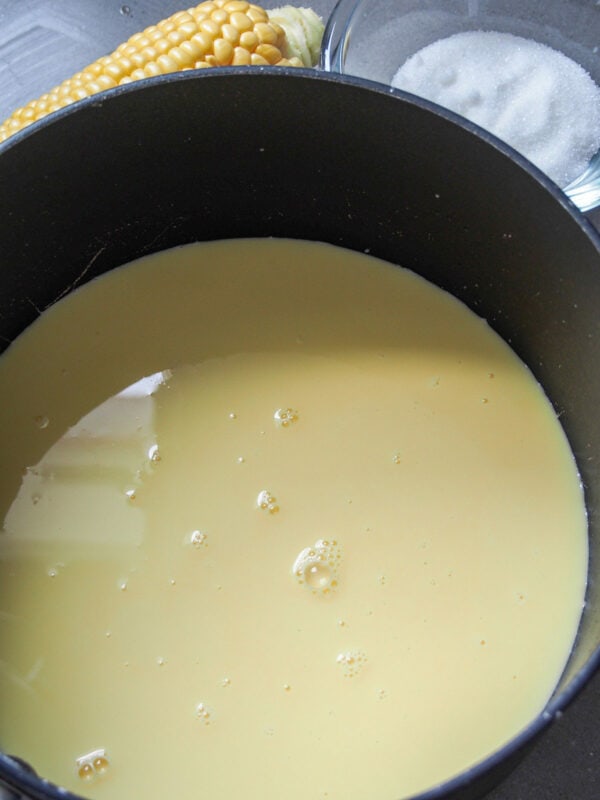 Corn milk and sugar for Curau de milho- Brazilian fresh corn custard