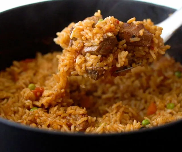 Jollof rice cooking in the pot