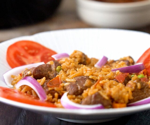 Jollof rice with beef Ghanaian version