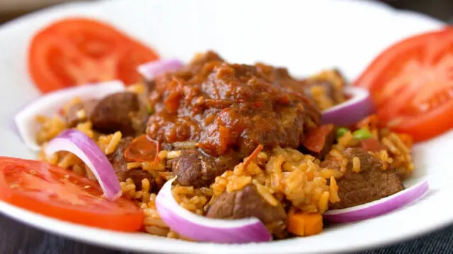 Jollof rice with beef stew