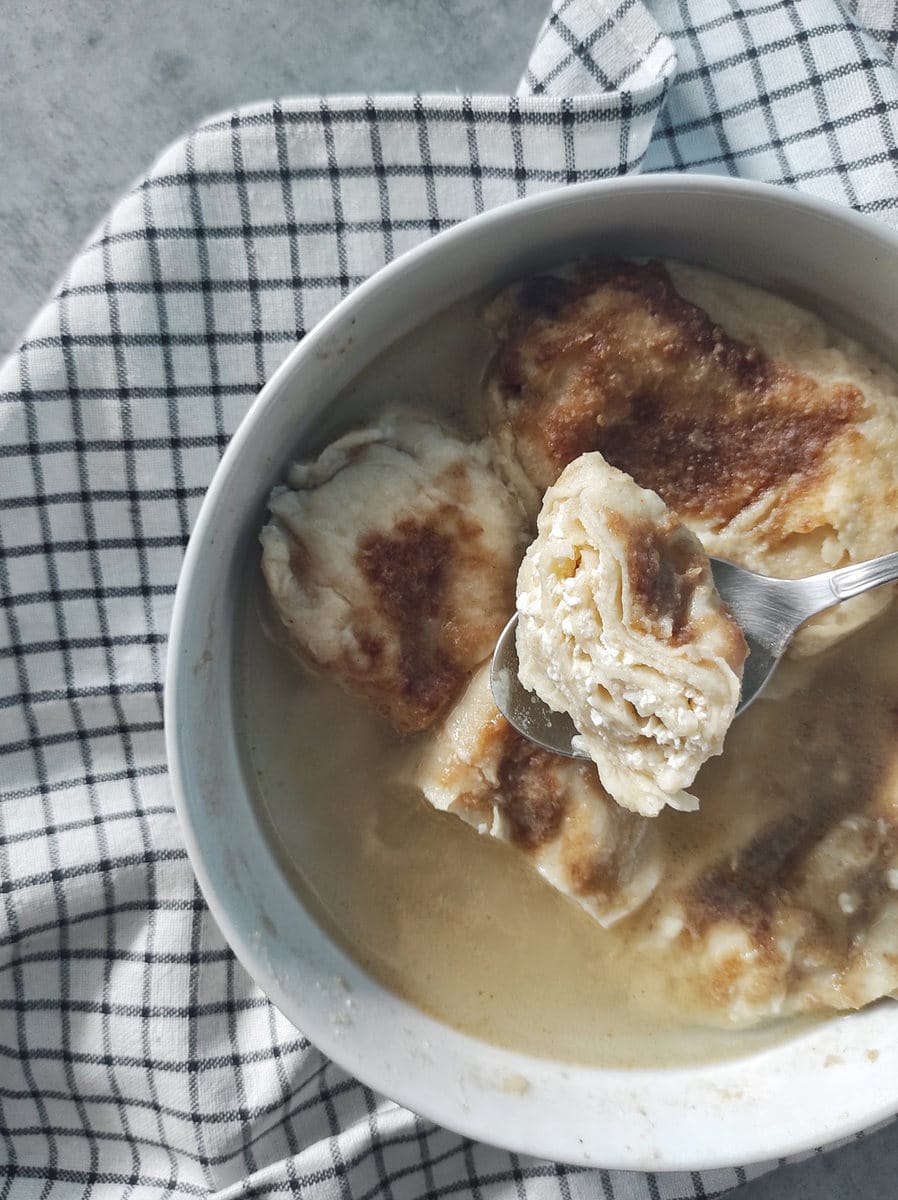 Cut Zagorski Štrukli Served in Soup (Croatian Cheese Dumpling Soup)