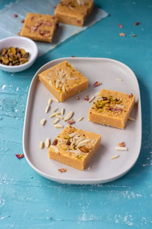 Barfi - Indian Milk Powder Barfi Recipe topped with almonds