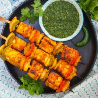 Serving Paneer Tikka with Green Chutney