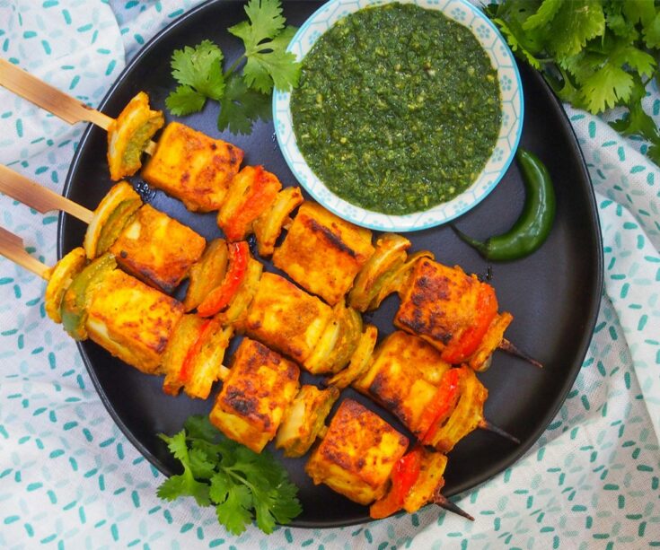 Serving Paneer Tikka with Green Chutney