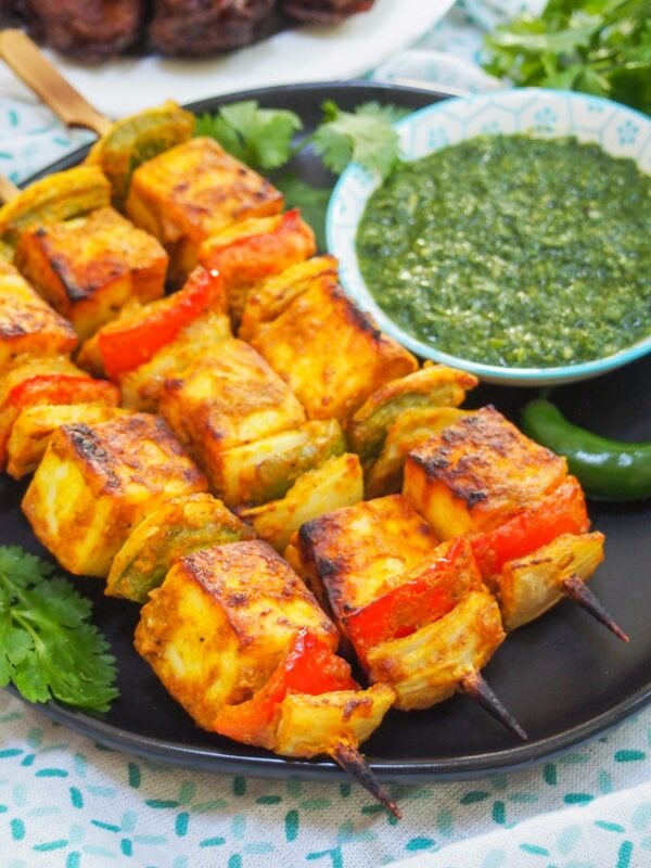 Indian appetizer - Paneer Tikka skewers, ready to eat
