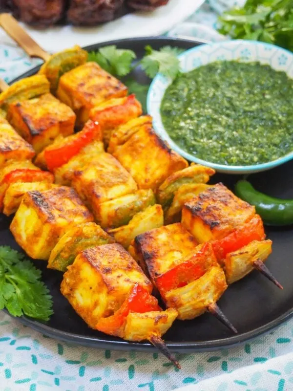 Indian appetizer - Paneer Tikka skewers, ready to eat
