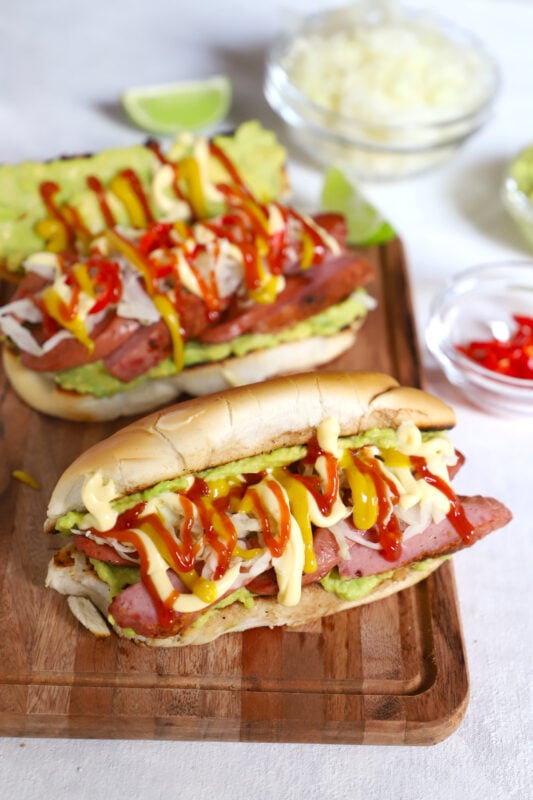 Guatemalan Shucos Hot Dogs with cabbage and mayonnaise