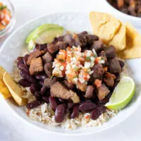 Costa Rican Chifrijo - pork and bean appetizer bowl, pork belly taco bowl