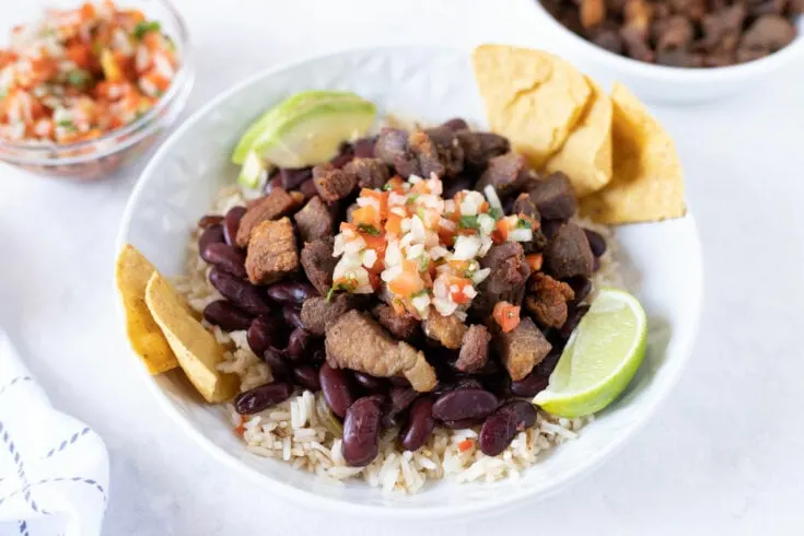 Costa Rican Chifrijo - pork and bean appetizer bowl, pork belly taco bowl