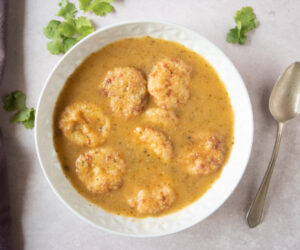 Bowl of Honduran Sopa de Capirotadas (Dumpling Soup) close up