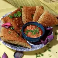 Iranian Sambouse (Potato Sambousek) Potato samosa, triangle turnovers with tomato sauce