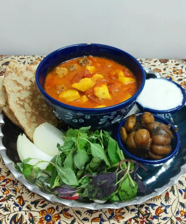 Abgoosht (Iranian Meat and Potato Stew) with herb salad