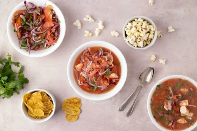Ecuadorian cooked shrimp ceviche - served with popcorn and fried plantain