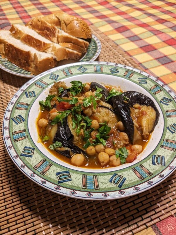 Manzaleh - Middle Eastern Spiced Chickpea Eggplant Stew with challah bread