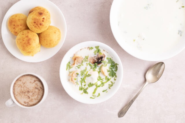 Changua Colombian Egg Breakfast Soup with cilantro and cheese bread