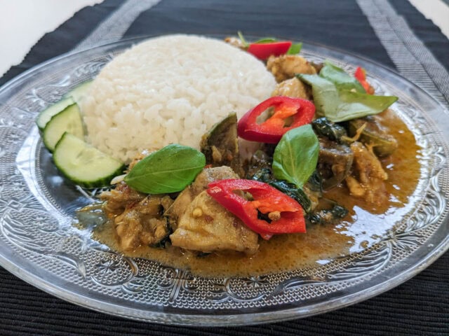 Cha Kroeung Pailin (Cambodian Lemongrass Chicken) with rice and eggplant