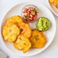 Patacones, tostones, fried plantains with guacamole