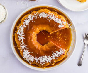 Caribbean dessert - coconut flan - on serving platter - small image
