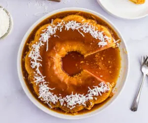 Caribbean dessert - coconut flan - on serving platter - small image